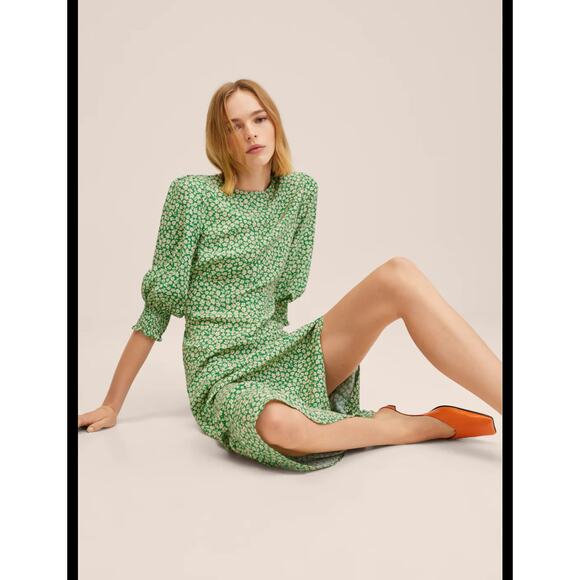 Mango Green Floral Puff Sleeve Mini Dress - Picture 2 of 8